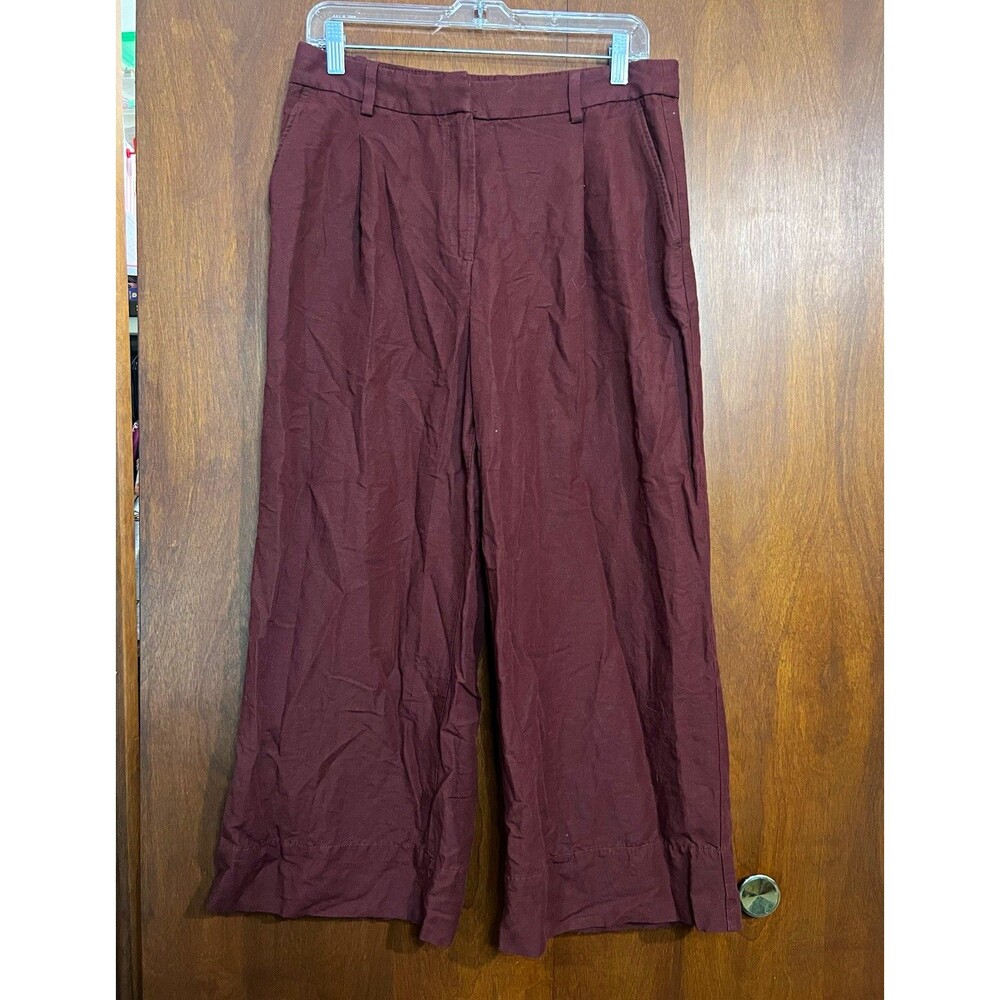 H&M Womens Linen Blend Wide Leg Burgundy Pants Pockets Size 10 Minimalist Chic